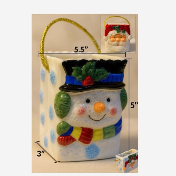 Christmas Jar Ceramic Square Double-Sided Santa & Snowman 5.5” H x 5” W x 3” D - Picture 2 of 4